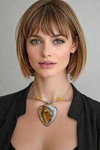 Modelka s hnědým Achátem_Náhrdelník na ocelové obruči zdobené ocelovými komponety a minerálními korálky.